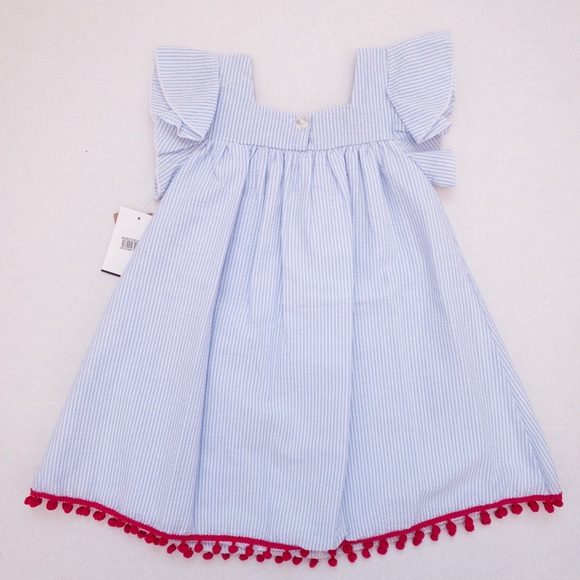 Seersucker & bright pink pom-pom trim dress (3T) - Picture 2 of 16